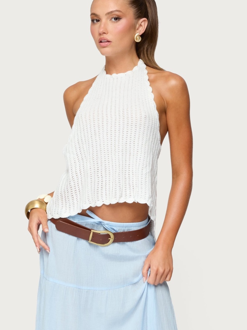 Edikted Ivey Backless Crochet Halter Top in white